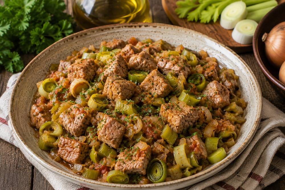 Traditional Pork with Leeks and Celery from Thessaly – The Authentic Greek Autumn Comfort&nbsp;Dish